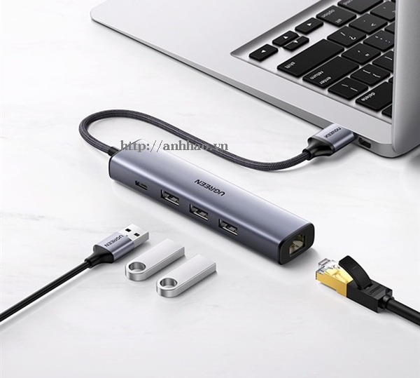 Bộ chia USB 2.0 ra 3 cổng USB + 1 cổng mạng Lan RJ45 kèm nguồn USB-C Ugreen 20900 chính hãng